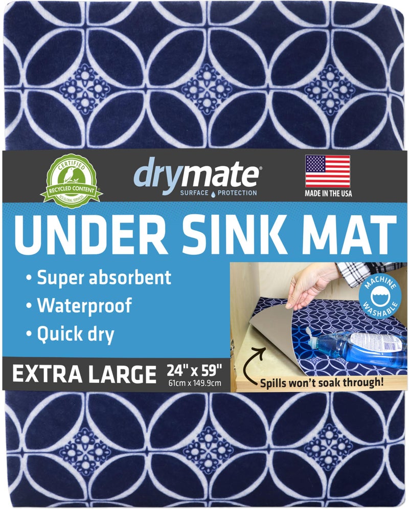 درايميت سجادة Drymate Premium XL تحت المغسلة مقاومة للماء لحماية الخزانة للمطبخ والحمام وبطانات أرفف ماصة مقاومة للانزلاق وغير لاصقة ويمكن غسلها في الغسالة (صناعة أمريكية) (24 × 59) (نيلي) - Image 1
